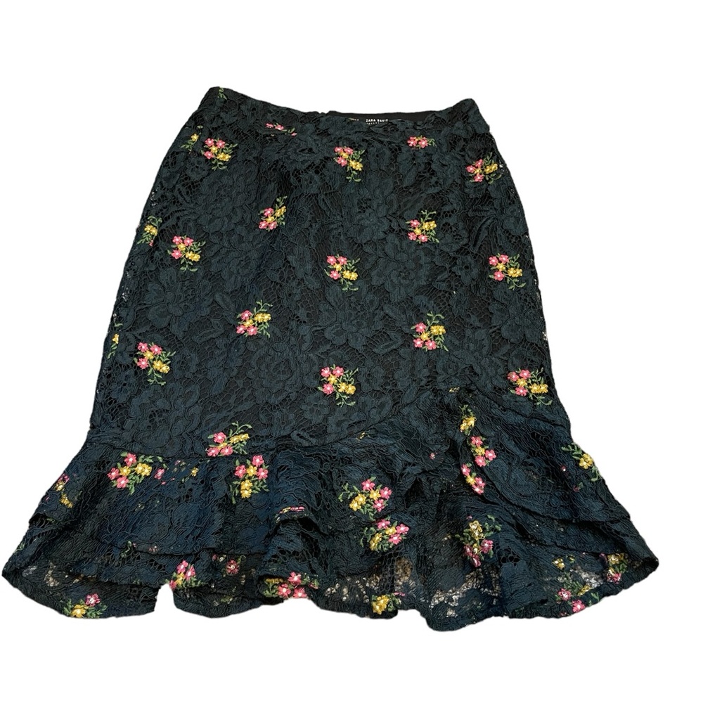Zara Dark Green Lace Embroidered Flowers A line Ruffle Midi Skirt S